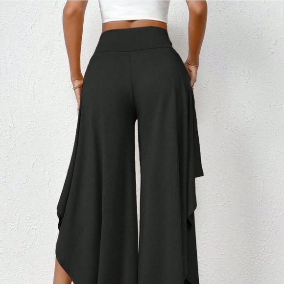 Black Preppy Womens High Waist Asymmetrical Hem Wide Leg Pants - Picture 2 of 5